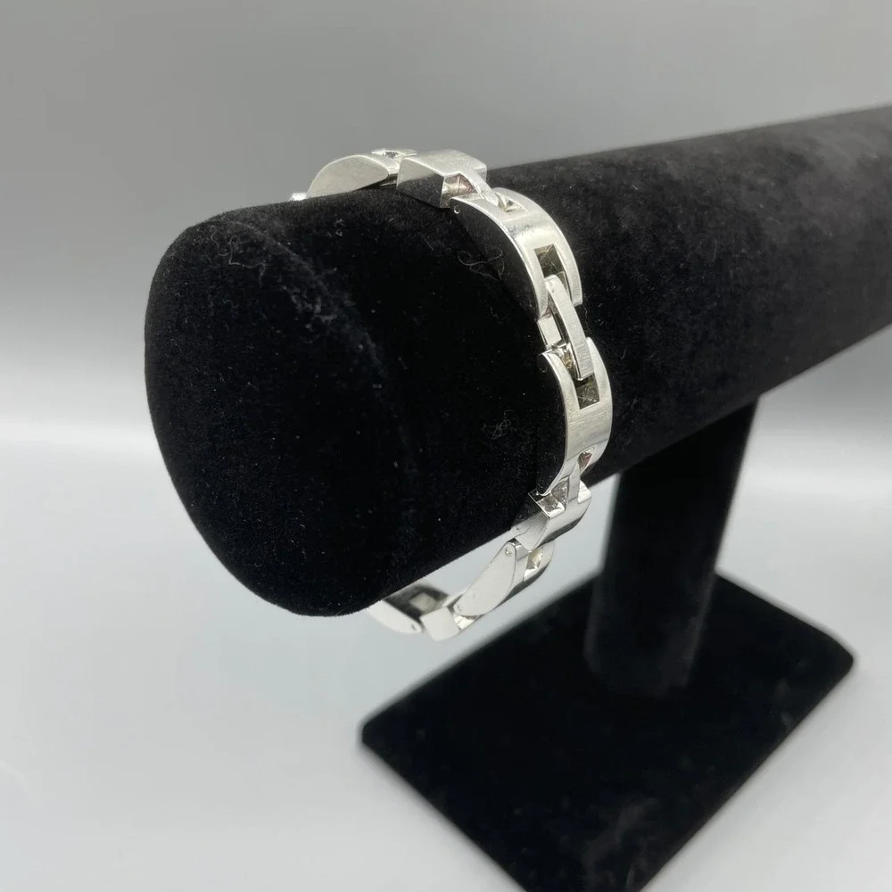 Silver Tone Geometric H-Link Bracelet Minimalist Polished Panel Bracelet 7.5